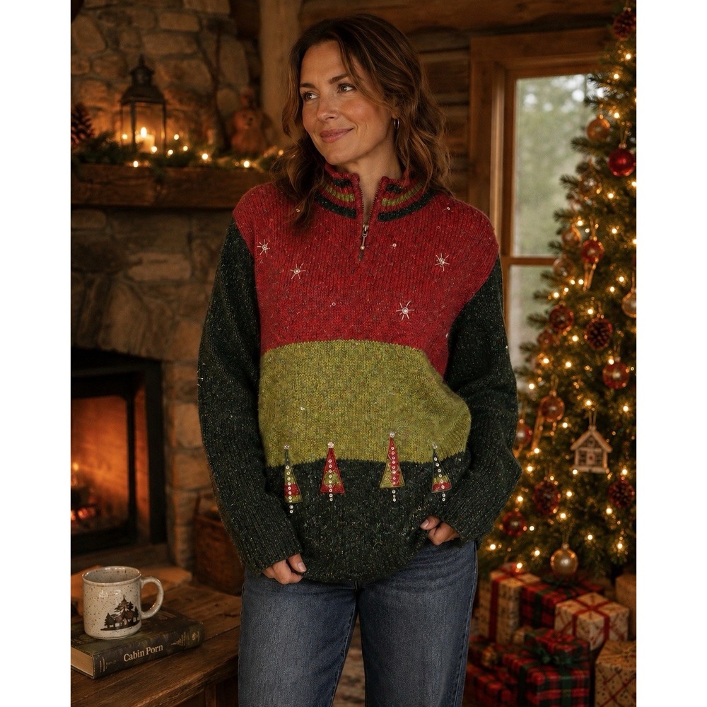 Vtg Mandal Bay Christmas Tree Knit Sweater Mock Neck Quarter Zip Festive Holiday